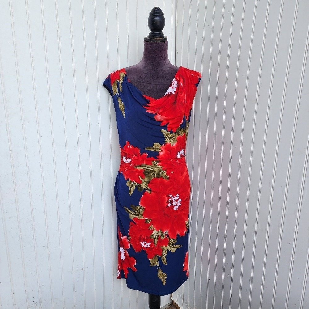 Ronni Nicole Blue Red Floral Swing Neck Dress Sheath Fit Professional Sz 6